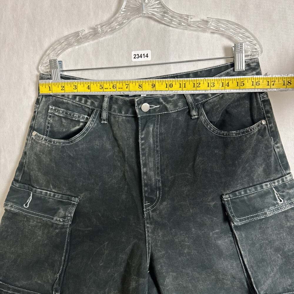 Fashion Nova Women's 15 Billie Low Slung Cargo Jeans Acid Wash Black Wide Leg - Picture 9 of 11